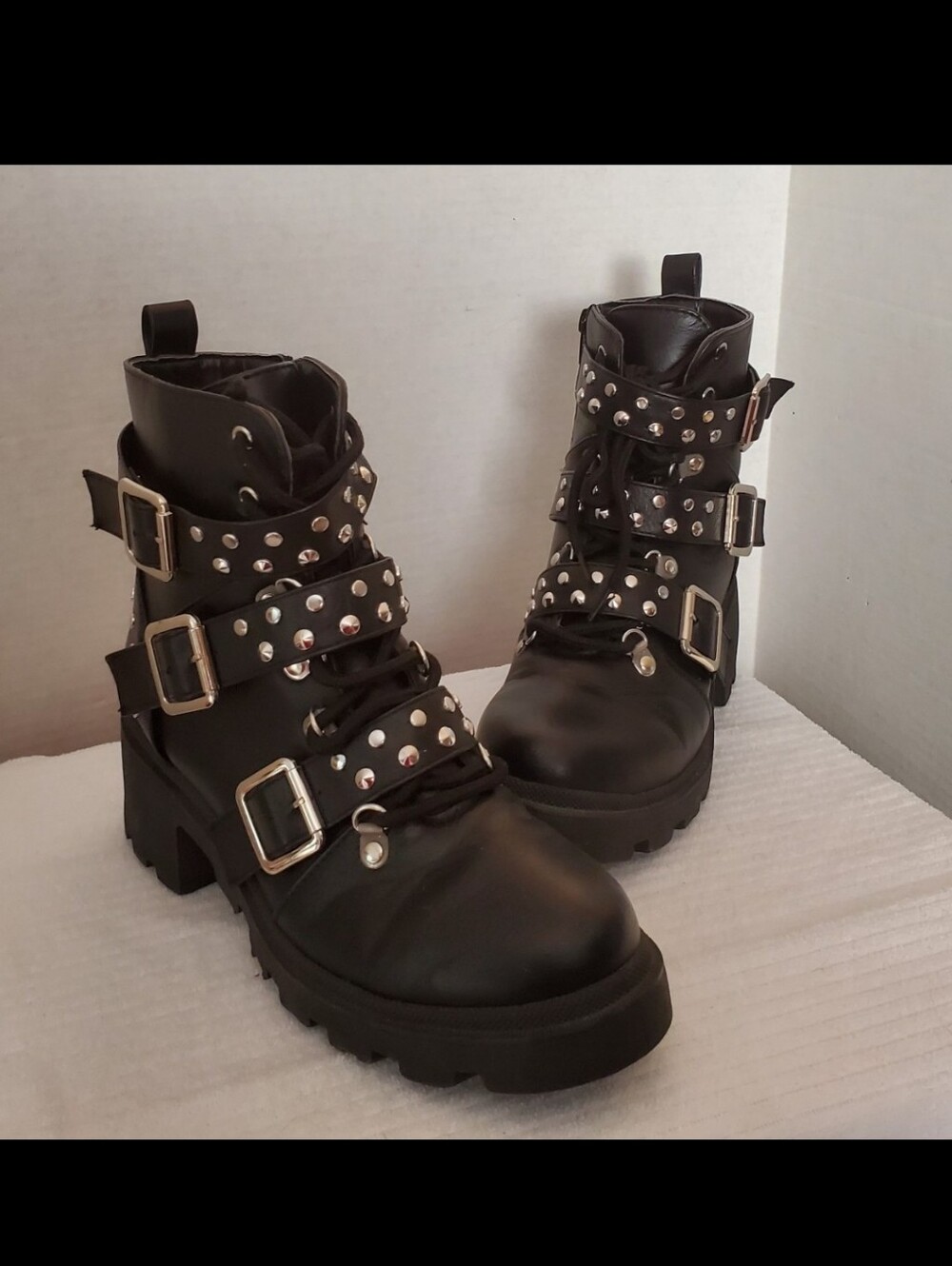 SUGAR Flair Black Biker Boots Side Zip Studded Straps and Buckles Size 6.5